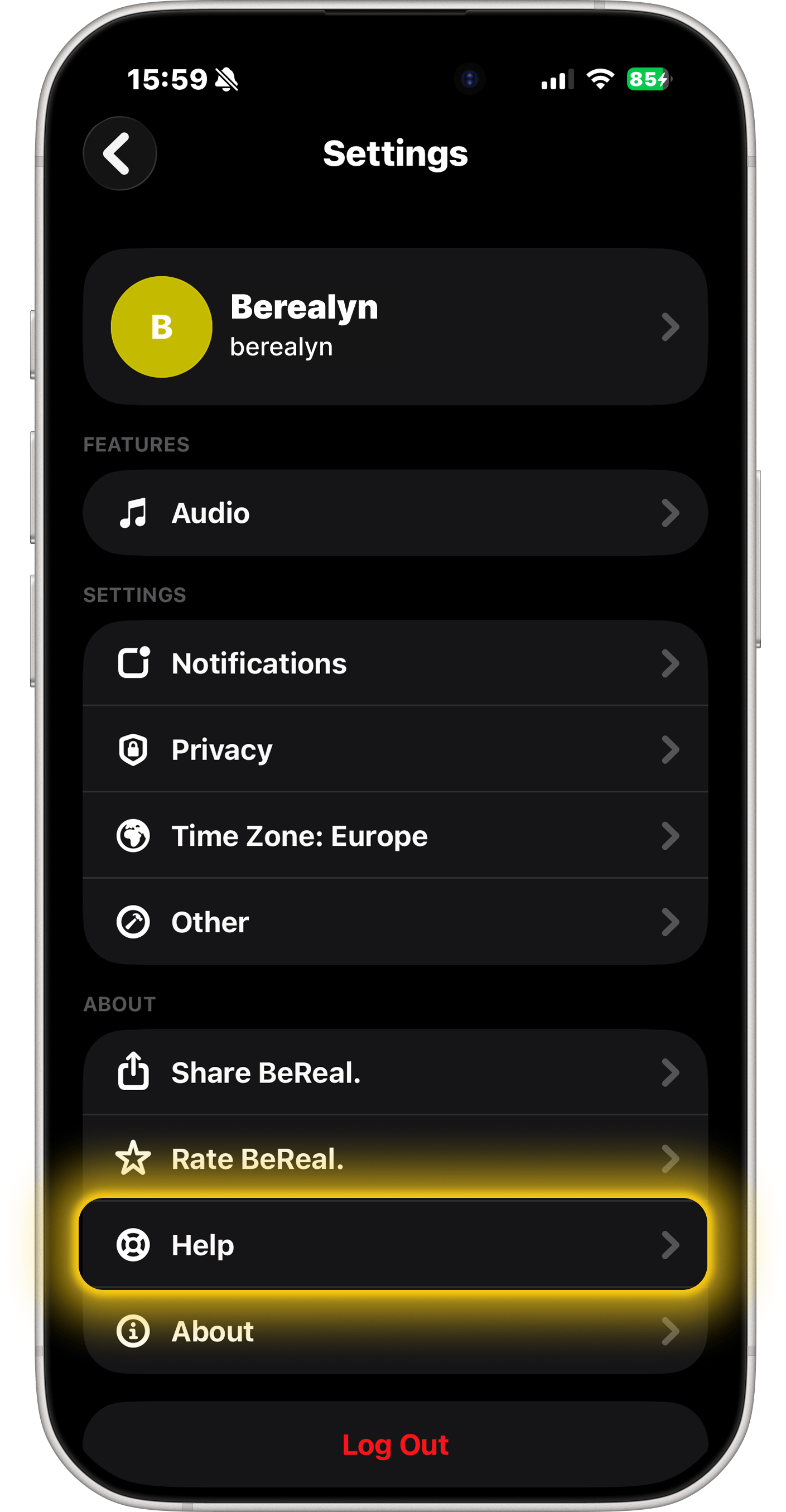 BeReal inställningsskärm — hitta Hjälp